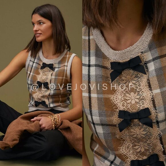 Acadamia | Anthropologie Tan Knit Sweater Vest Ribbon Bow | Feminine Romantic - Picture 1 of 14